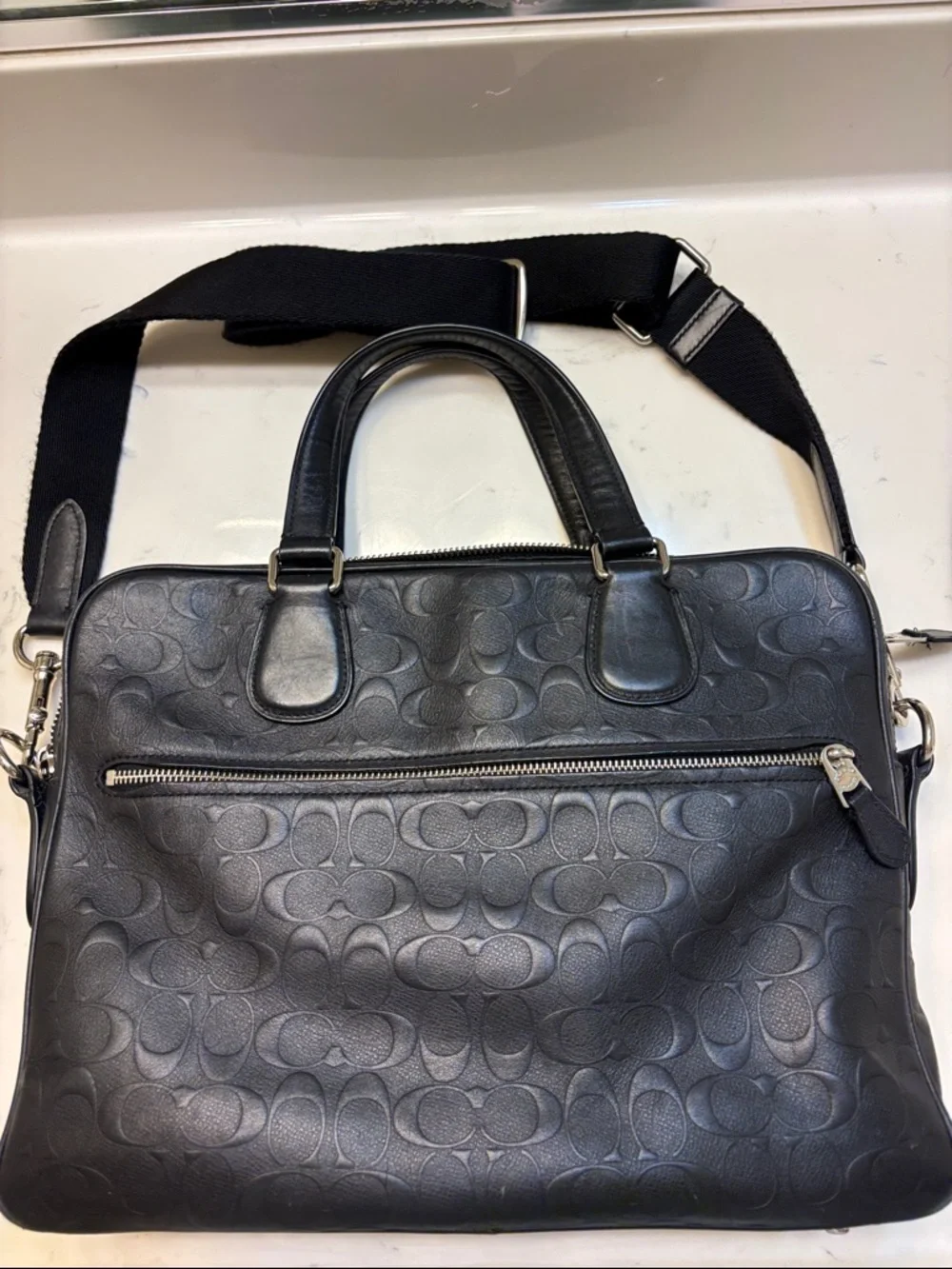 Coach Black Embossed Signature Leather Laptop Briefcase with Strap